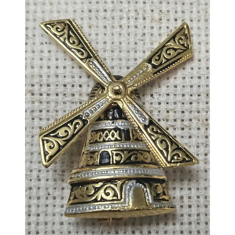 Vintage Spain Damascene Windmill Brooch Spins